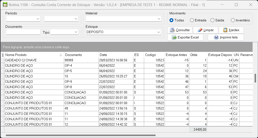 Tela Consulta conta corrente de estoque