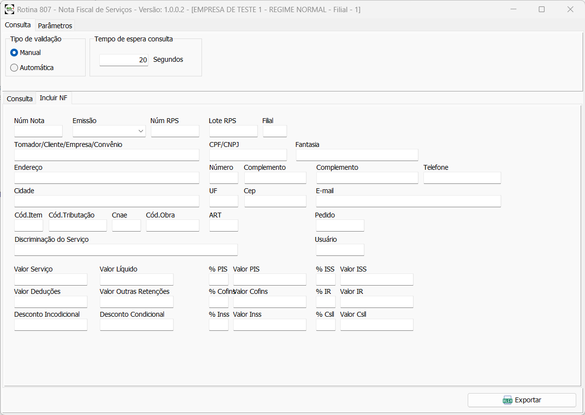 Tela Nota Fiscal de Serviços